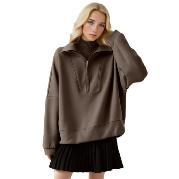 Hpapadks Sweatshirt for Women Quarter Zip Stand Collar Long Sleeve Solid Casual Loose Fit Tops Hoodies for Women Coffee L
