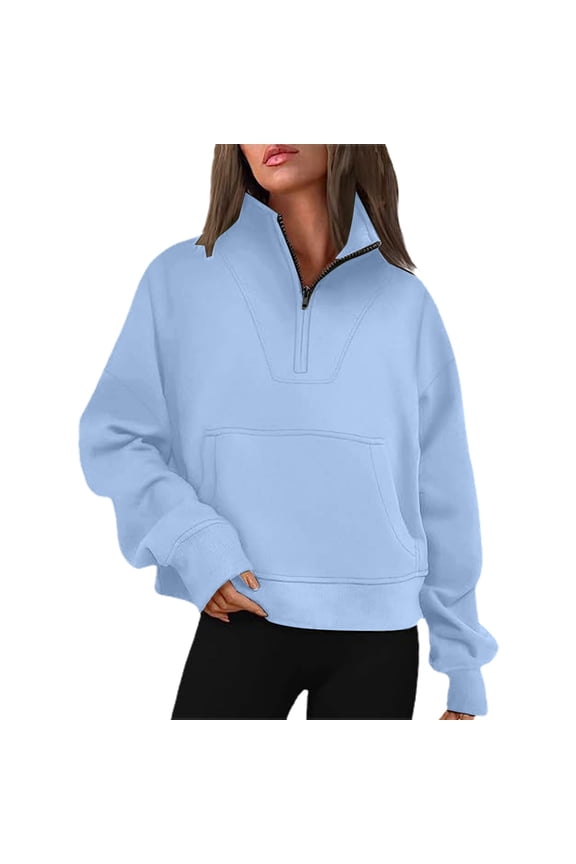 Sweatshirt for Women Solid Casual Half Zipper Stand Hoodless Sweatshirts with Pocket Hoodies for Women Blue M