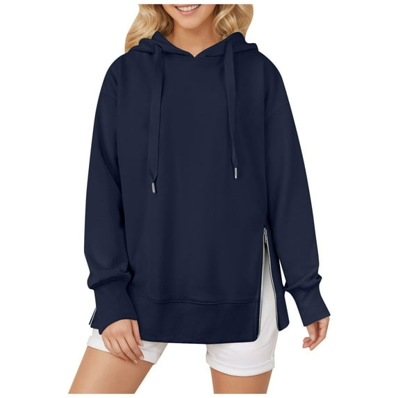 Hpapadks Sweatshirt for Women Solid Long Sleeve Side Zip Detail Fashion Hooded Sweatshirts Hoodies for Women Navy M