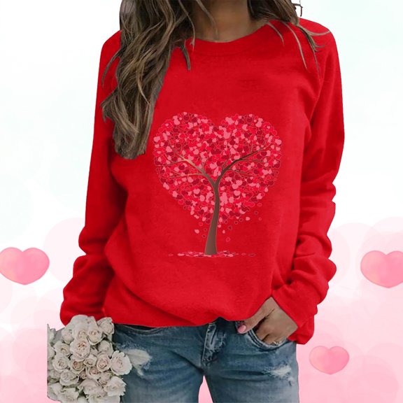 Hpapadks Sweatshirts for Women Heart Print Long Sleeve Crew Neck Hoody Valentine's Day Top Crew Neck Sweatshirts Women