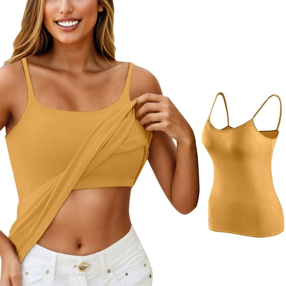 Hpapadks Tank Tops for Women 2025 Casual Adjust Spaghetti Tanks with Built In Shelf Bras Solid Padded Camis Camisole Tops for Women Yellow L