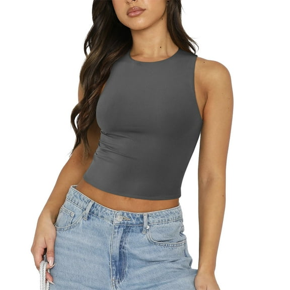 Hpapadks Tank Tops for Women 2025 Solid Sleeveless Tight Bottomed Shirt Crew Neck Racerback Top Camisole Tops for Women Dark Gray L