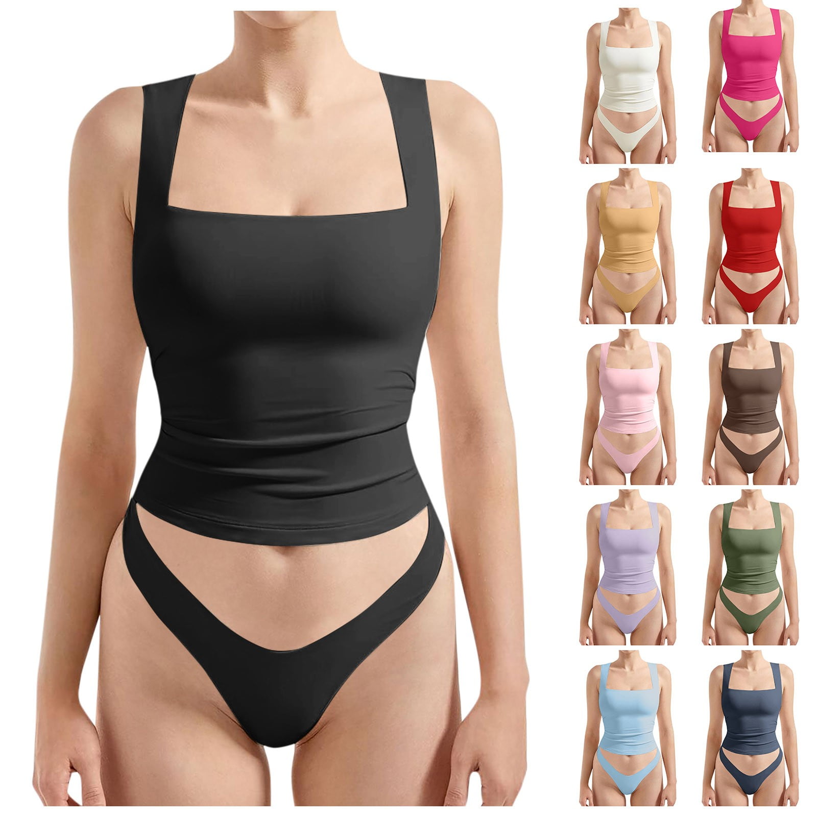Women's Black Sleeveless Button-Up Corset Top – Square Neck Fitted Stretch Tank main image 0