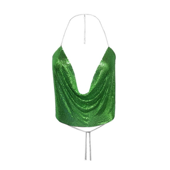 Hpapadks Tank Tops for Women Chain Beading Sleeveless Backless Halter Crop Top Club Vintage Tanks Camisole Tops for Women Green S