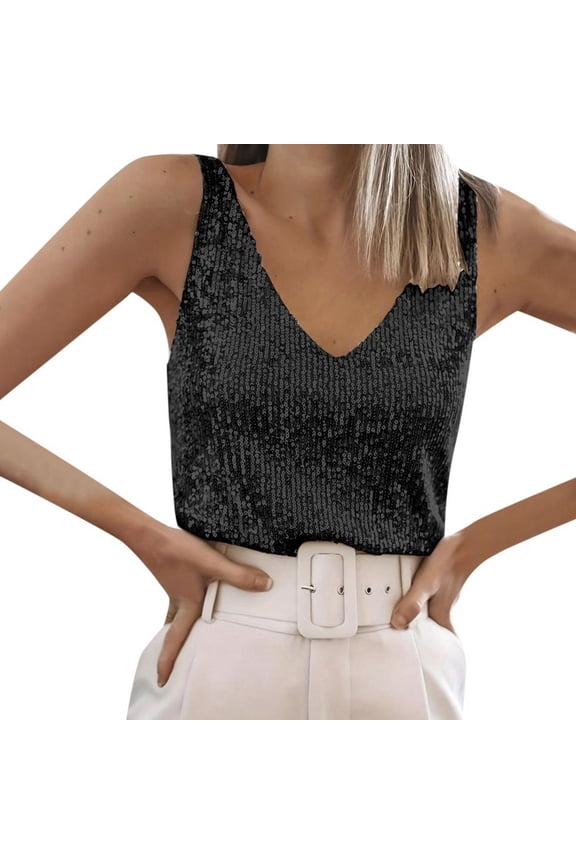 Tankini Tops for Women Sequin V Neck Tanks Glittering Evening Party Wear with Straps Camisole Tops for Women Black L