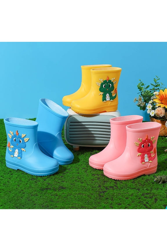 Toddler Boy Rain Boots Cute Dinosaur Cartoon Elastic Non Lightweight Water Shoes Primary School Students Wide Calf Waterproof Sky Blue 18-24 m