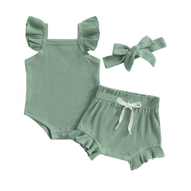 Hpapadks Toddler Girl Outfits Solid Knitted Fly Sleeve Romper Shorts Hairband 3 Piece Set Baby Clothes Army Green 12-18 m