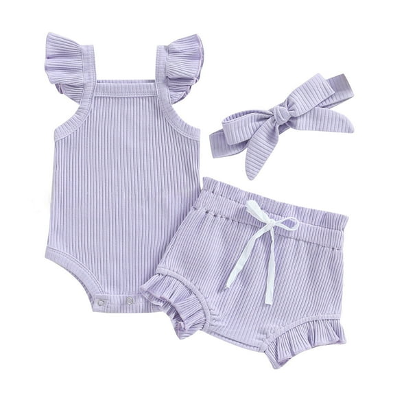 Hpapadks Toddler Girl Outfits Solid Knitted Fly Sleeve Romper Shorts Hairband 3 Piece Set Baby Girl Clothes Light Purple 12-18 m