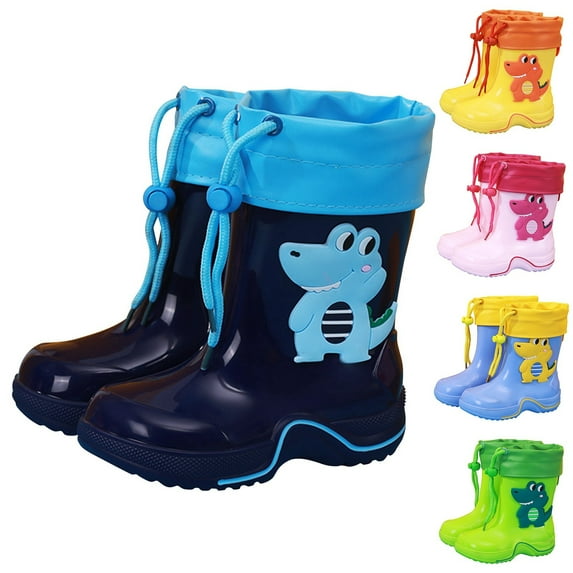 Hpapadks Toddler Rain Boots Non Cute Dinosaur Cartoon Print Mid Calf Waterproof Water Shoes With Adjustable Drawstring Wide Calf Outdoor Blue 4-5 Y