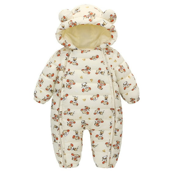 Hpapadks Toddler Snow Suit Winter Thick Warm Long Sleeve Full Cartoon Print Zipper Hooded Coat Baby Snowsuit Beige 0 Months-3 Months
