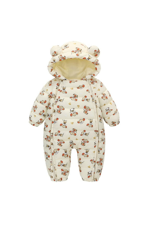 Toddler Snow Suit Winter Thick Warm Long Sleeve Full Cartoon Print Zipper Hooded Coat Baby Snowsuit Beige 12 Months-18 Months