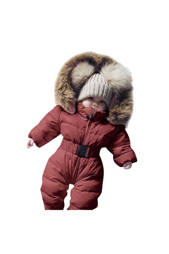 Toddler Snow Suit Winter Thick Warm Long Sleeve Solid Furry Hooded Jumpsuit Coat Baby Snowsuit Brown 3 Months-6 Months