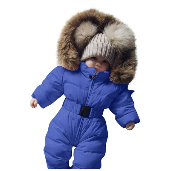Hpapadks Toddler Snow Suit Winter Thick Warm Long Sleeve Solid Furry Hooded Jumpsuit Coat Baby Snowsuit Light blue 6 Months-9 Months