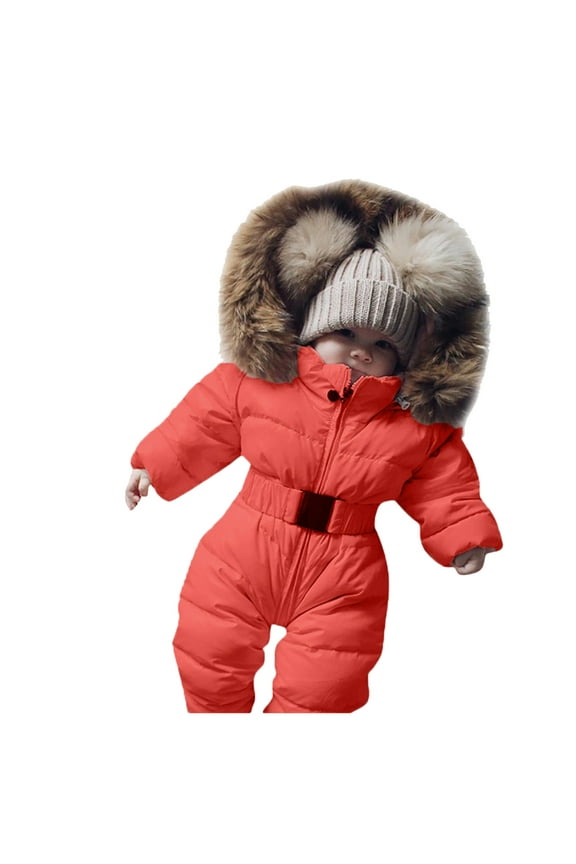 Toddler Snow Suit Winter Thick Warm Long Sleeve Solid Furry Hooded Jumpsuit Coat Baby Snowsuit Orange 0 Months-3 Months