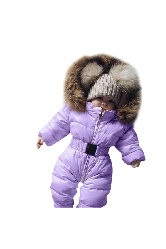 Toddler Snow Suit Winter Thick Warm Long Sleeve Solid Furry Hooded Jumpsuit Coat Baby Snowsuit Purple 18 Months-24 Months
