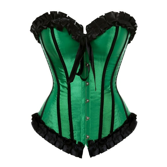 Hpapadks Waist Trainer Cincher for Women Striped Ruffles Ruched Bustier Bodysuit Retro Boned Overbust Push Up Lace Up Corset Belt Halloween Green