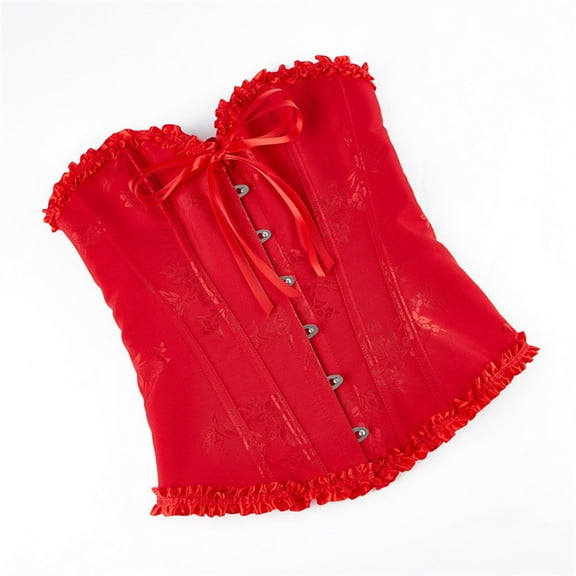 Hpapadks Waist Trainer Cincher for Women Vintage Ruffles Boned Bustier Bodysuit with Front Tie Lace Up Retro Overbust Push Up Corset Belt Halloween Red