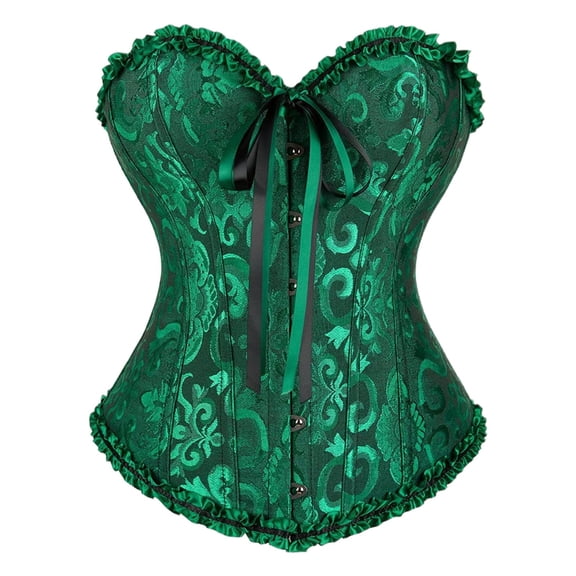 Hpapadks Waist Trainer Corset for Women Vintage Embroidery Patterns Ruffles Bustier Bodysuit Retro Boned Overbust Push Up Lace Up Corset Belt Halloween Green