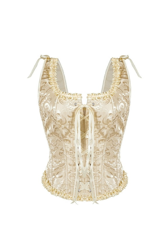 Waist Trainer Corset for Women Lace Up Overbust Floral Embroidery Patterns Cosplay Elegant Retro Ruffles Corset Belt Halloween Costumes White