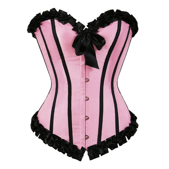 Hpapadks Waist Trainer Corset for Women Striped Ruffles Ruched Bustier Bodysuit Retro Boned Overbust Push Up Lace Up Corset Belt Halloween Pink
