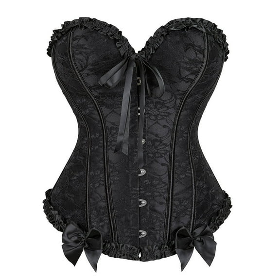 Hpapadks Waist Trainer Corset for Women Vintage Lace Up Ruffles Overbust Bustier with Bow Tie Front Adjustable Elegant Corset Belt Halloween Black