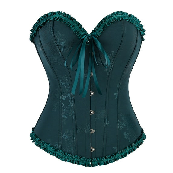 Hpapadks Waist Trainer Corset for Women Vintage Ruffles Boned Bustier Bodysuit with Front Tie Lace Up Retro Overbust Push Up Corset Belt Halloween Dark Green
