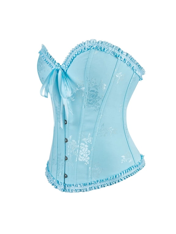 Waist Trainer Corset for Women Vintage Ruffles Boned Bustier Bodysuit with Front Tie Lace Up Retro Overbust Push Up Corset Belt Halloween BU2