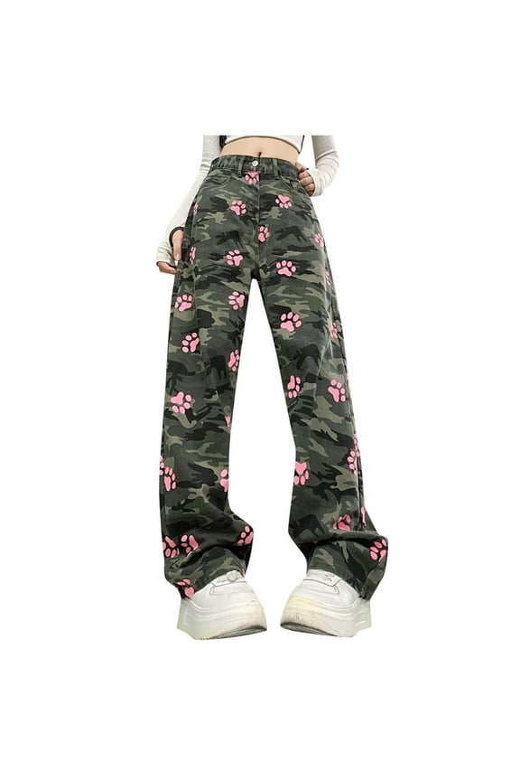 Women Jeans High Waist Cat Print Loose Fit Straight Wide Leg Camouflage Denim Trousers Pants for Women Camouflage XL