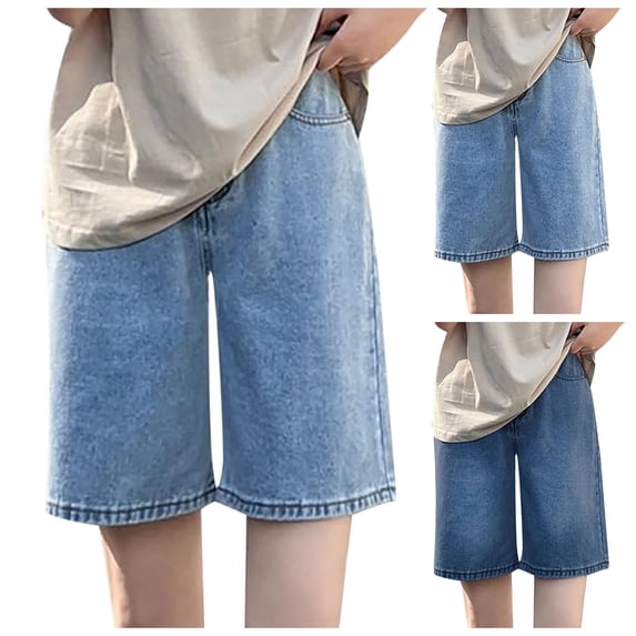 Hpapadks Women Jeans Solid Loose Fit Wide Leg Knee Length Long Baggy Jean Shorts with Pockets Pants for Women Dark Blue L