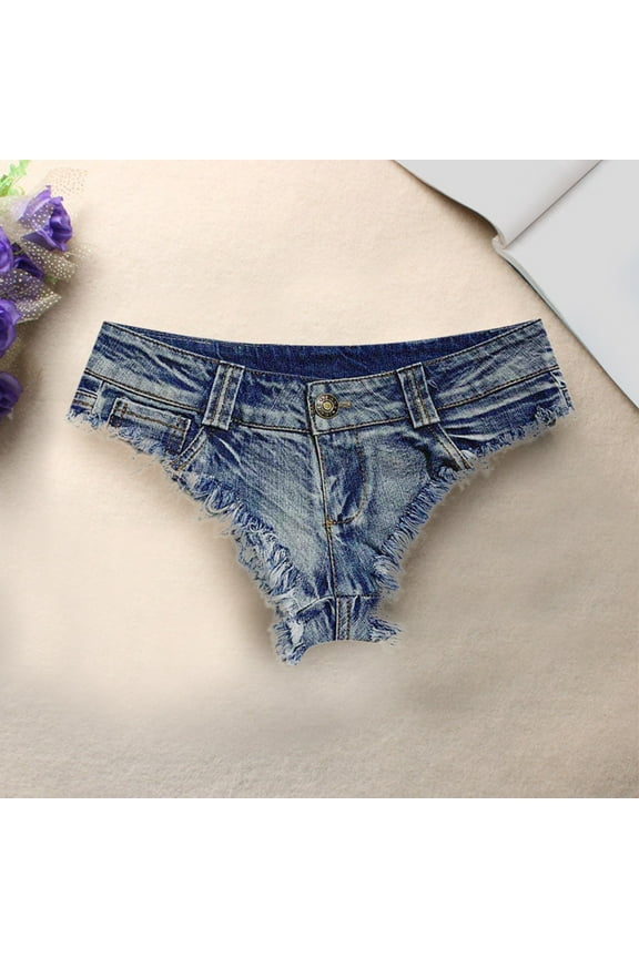 Women Jeans Woolen Fringe Tight Fitting Slimming Nightclub Low Waist Ultra Short Hot Pant Pants for Women Blue L