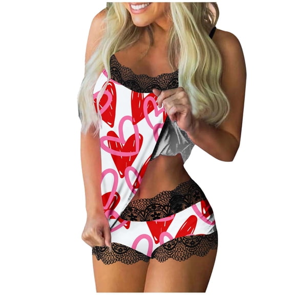 Hpapadks Women Pajamas Valentines Love Print Lace Trim Backless Sleeveless Camis Shorts Loungewear Set Women Pjs Sets White XL