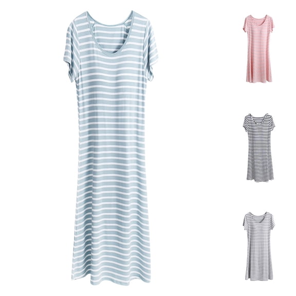 Hpapadks Women Robe Summer Striped Design Colors Pajamas Dress Summer Short Sleeves Nightgown with Chest Pad Nighty Dresses Women's Nightgowns Green M