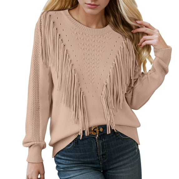 Hpapadks Women Sweaters Casual Crewneck Fringe Tassel Solid Knitted Pullover Sweaters Tops Cable Knit Sweater Women Khaki L