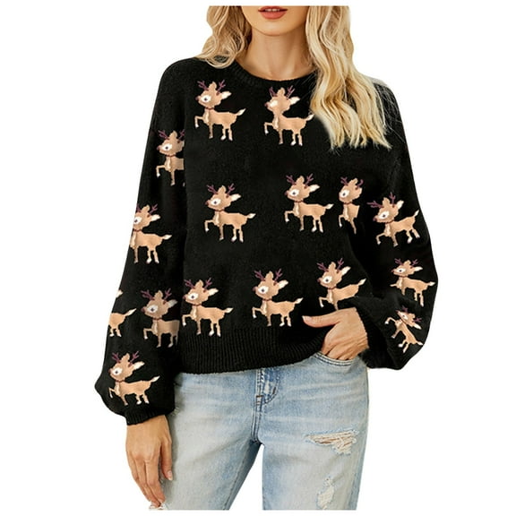 Hpapadks Women Sweaters Christmas Deer Pattern Knitwear Top Soft Smooth Beautiful Sweaters Halloween Sweaters for Women Black L