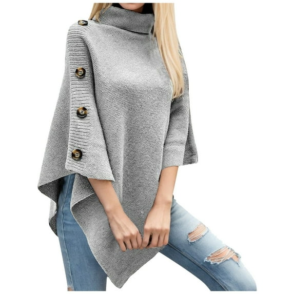 Hpapadks Women Sweaters Solid Color Turtleneck Knitted Cape Sweaters Poncho Cardigan Coat Cable Knit Sweater Women Grey One Size