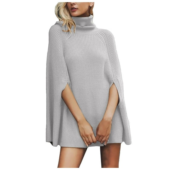 Hpapadks Women Sweaters Turtleneck Poncho Knitted Sweaters Batwing Sleeveless Hem Side Slit Soild Loose Cape Shawl Womens Sweater White S