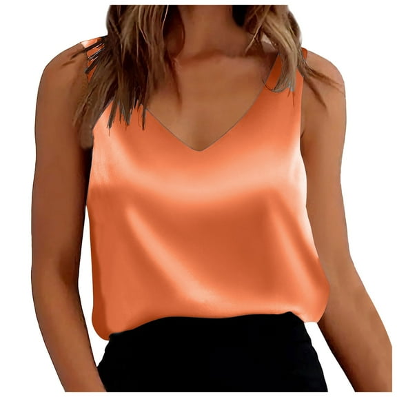 Hpapadks Women Tank Tops Satin Tanks Loose Fit Sleeveless V Neck Camis Blouses Camisole Tops for Women Orange L