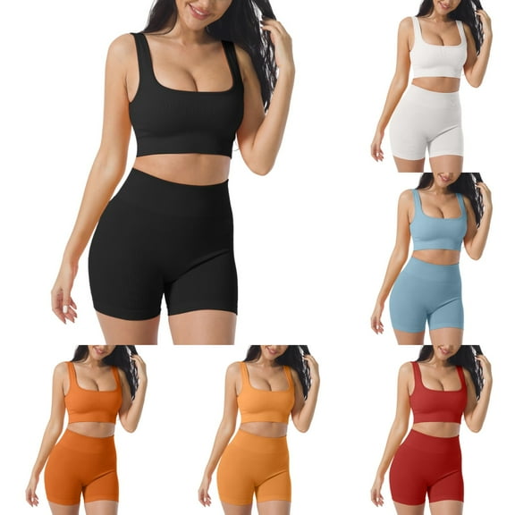 Hpapadks Women Workout Sets 2 Piece Seamless Running Fitness Wear Slim Sleeveless Solid Square Neck Tank Tops Shorts Yoga Suit Yoga Outfits for Women Black M
