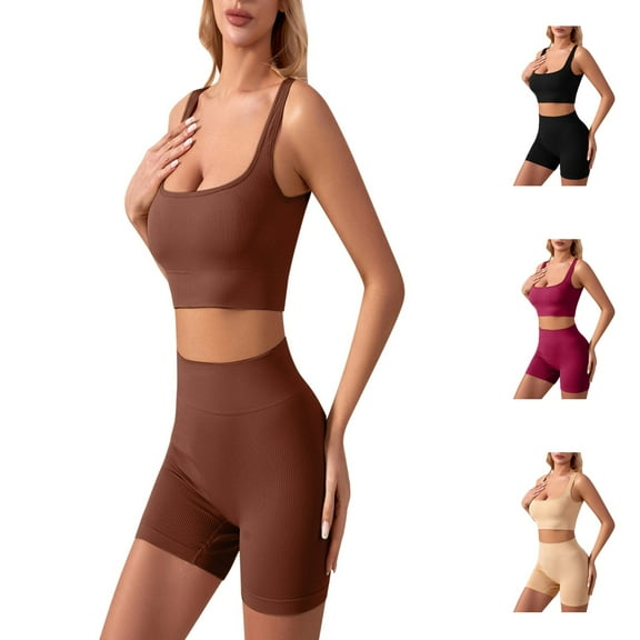 Hpapadks Women Workout Sets 2 Piece Solid Sleeveless Ribbed Tank Tops Seamless Gym Yoga Sports Bra High Waist Shorts Workout Set Yoga Sets for Women Coffee M