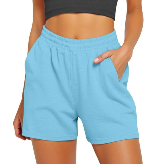 Hpapadks Women's Athletic Shorts Drawstring Comfy Elastic High Waist with Pockets Ladies Shorts Light Blue L