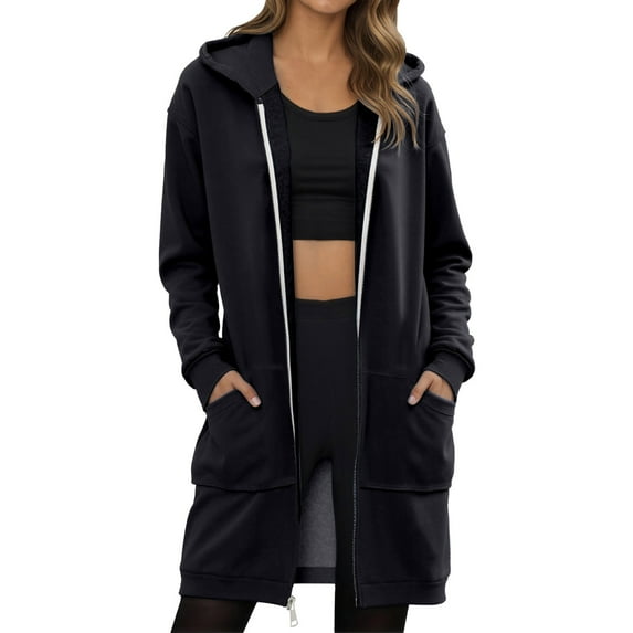 Hpapadks Women's Fashion Hoodies Winter Warmed Long Sleeve Solid Full Zipper Pockets Long Hooded Sweatshirts for Women Black S