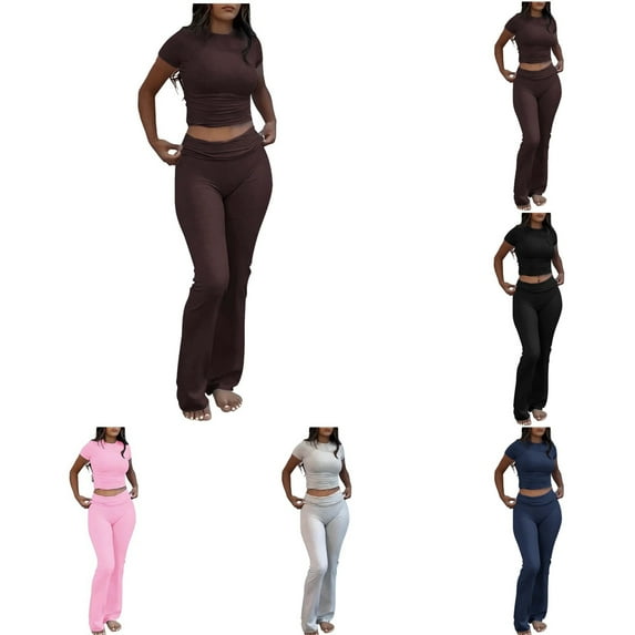 Hpapadks Women's Gym Sets 2 Piece Slim Short Sleeve Solid Tops Low Rise Flare Leggings Pants Set Yoga Sweatsuit Yoga Sets for Women Coffee S