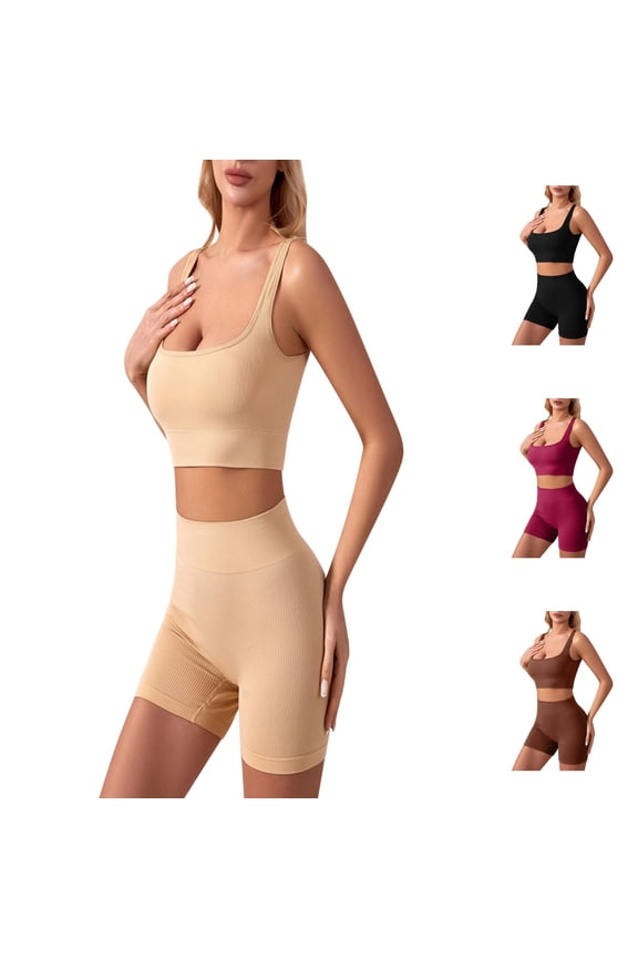 Women's Gym Sets 2 Piece Solid Sleeveless Ribbed Tank Tops Seamless Gym Yoga Sports Bra High Waist Shorts Workout Set Yoga Sets for Women Khaki M