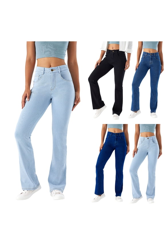 Women's Jeans Ladies Elastic Pull On Denim Pant Skinny Flared Bootcut Denim Trousers Pants for Women Blue L