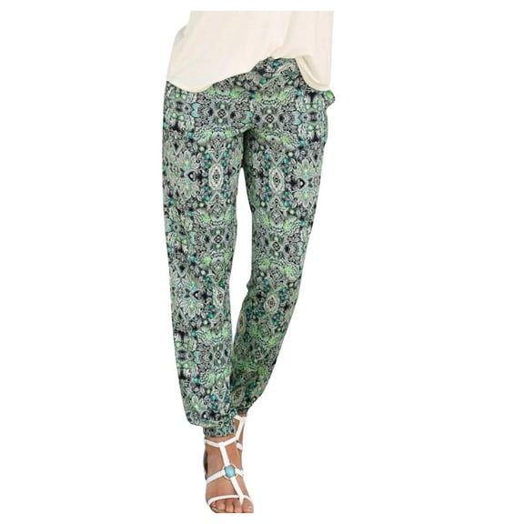 Hpapadks Women's Pants High Waist Boho Printed Beach Joggers with Pockets Slacks for Women Green M