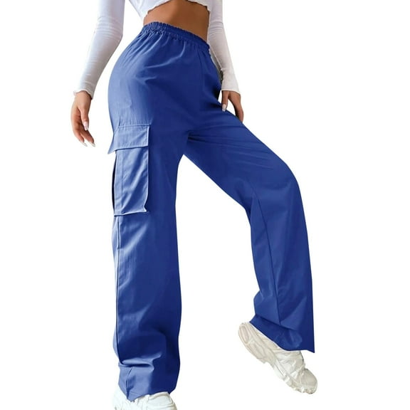 Hpapadks Women's Pants High Waisted Straight Leg Solid Cargo Pant Womens Slacks Blue L
