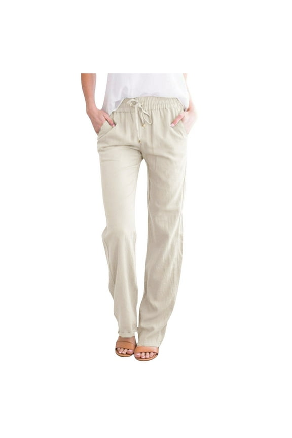 Women's Pants High Waisted Straight Leg Solid Slacks with Pockets Slacks for Women Beige L