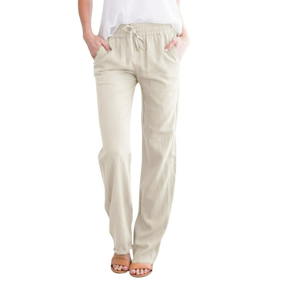 Hpapadks Women's Pants High Waisted Straight Leg Solid Slacks with Pockets Slacks for Women Beige L
