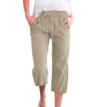 Hpapadks Women's Pants Solid Color Elasticized High Waist Drawstring Linen Capris Slacks for Women Khaki XXL