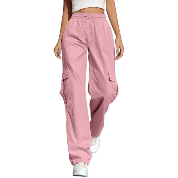 Hpapadks Women's Pants Straight Leg Elastic Waist Solid Cargo Pant with Pockets Slacks for Women Pink S
